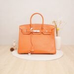 Orange Hermès Birkin 35 handbag with gold hardware on a neutral background