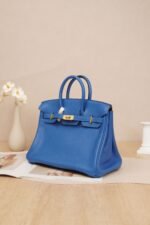 Side view of a Hermès Birkin 25 handbag in Bleu Brume Togo leather with gold hardware