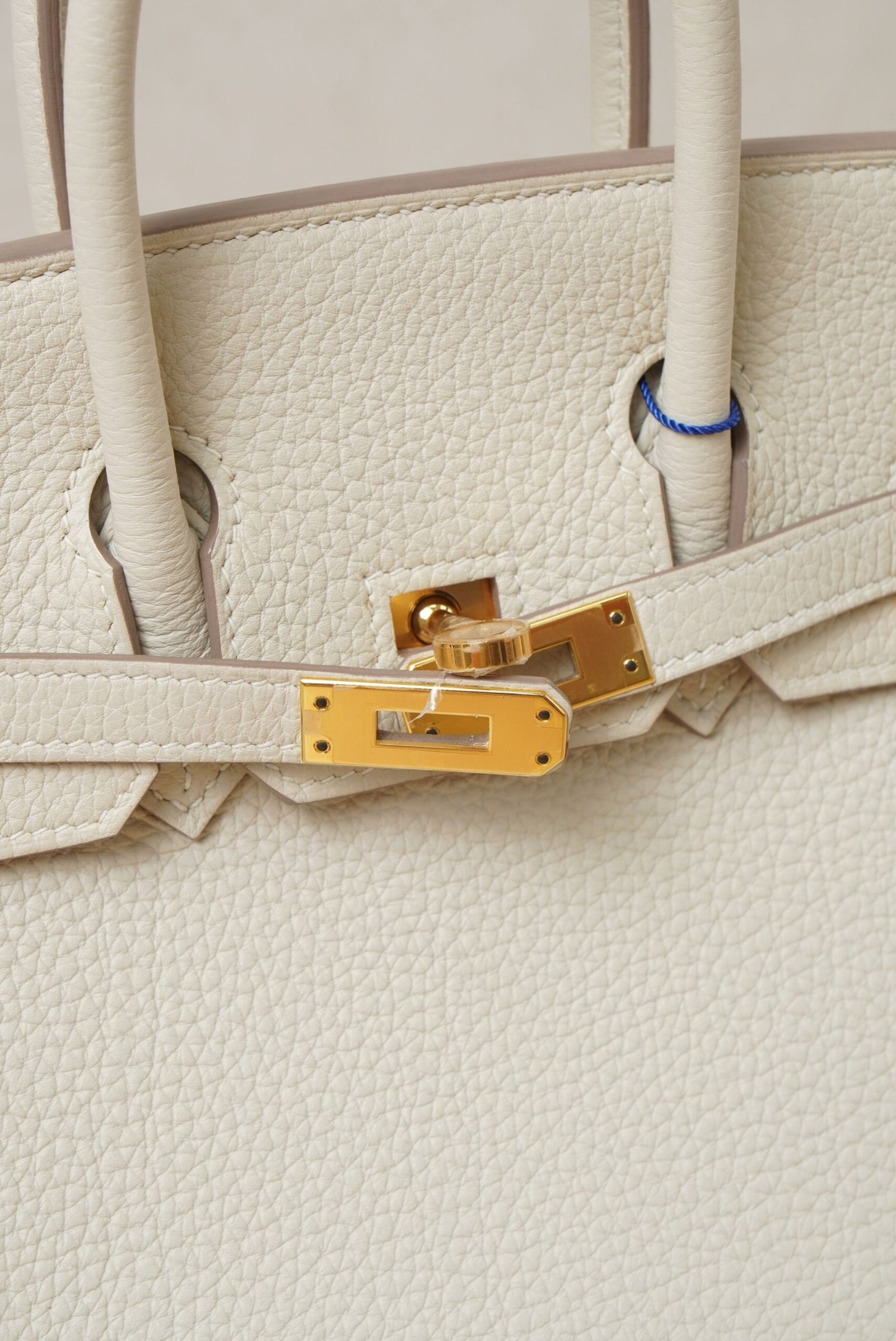 Close-up side view of a Hermès Birkin 25 handbag in Nata Togo leather with gold hardware