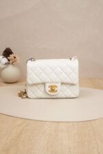 Chanel Mini Square Flap Bag with Gold Ball Chain White Lambskin Leather (RFID Chip Version)