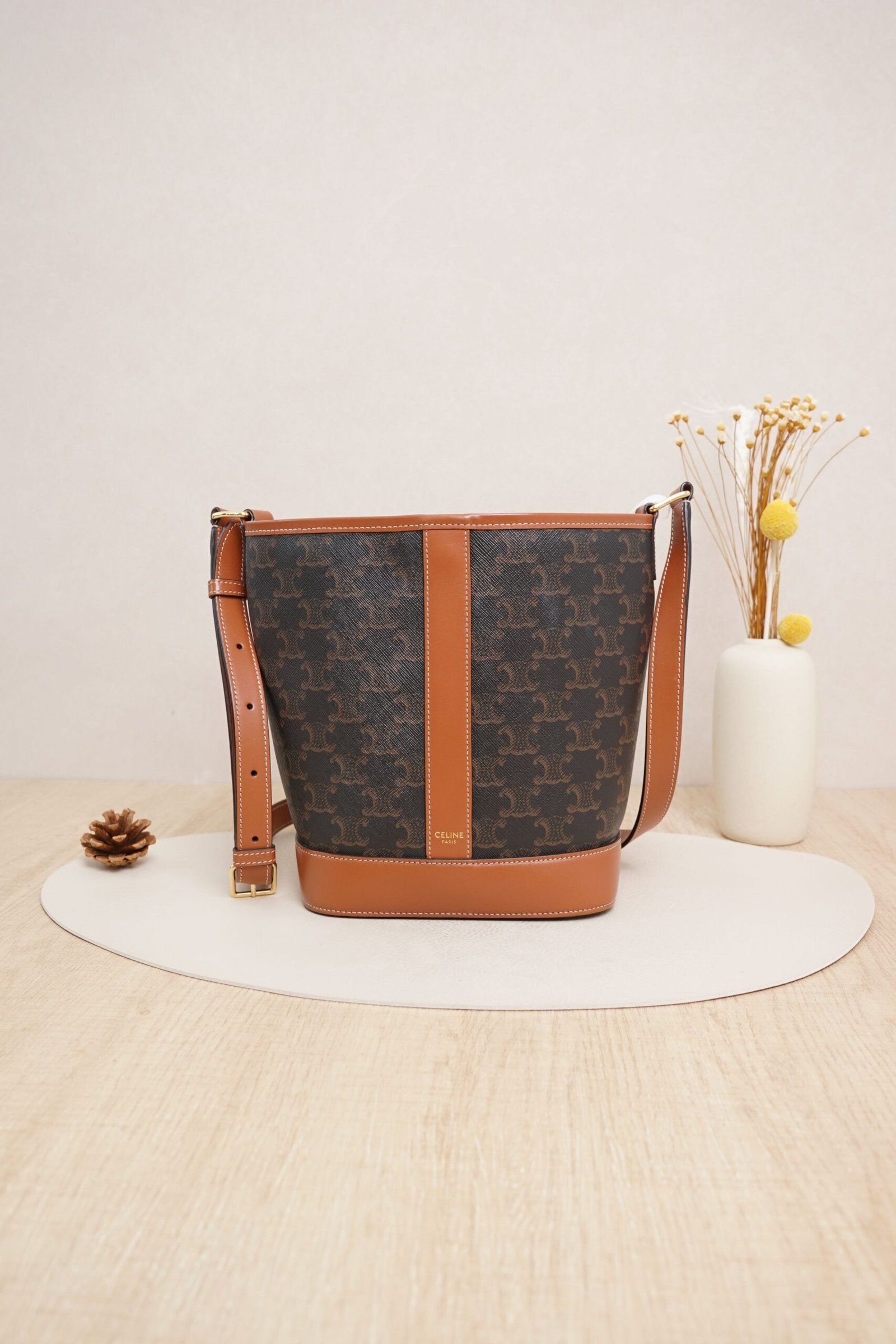 20251028105926314_15969 CELINE Small Bucket Bag in Triomphe Canvas with Calfskin Trim - Image 1